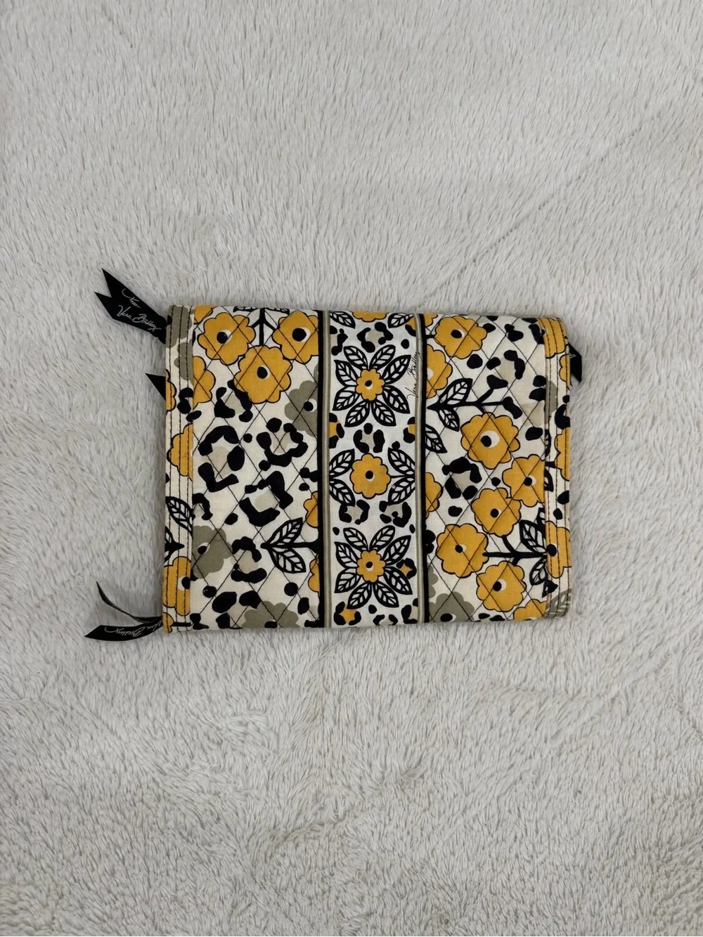 Vera Bradley Yellow Black and Cream Quilted Floral Fold-Over Cosmetic Wallet